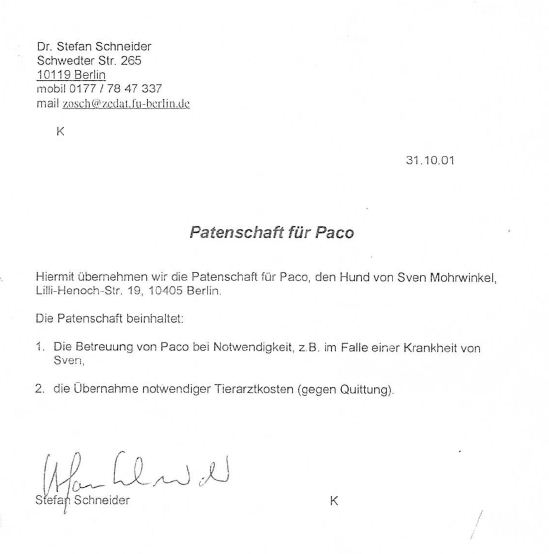 Faksimile Patenschaftsvertrag für Paco