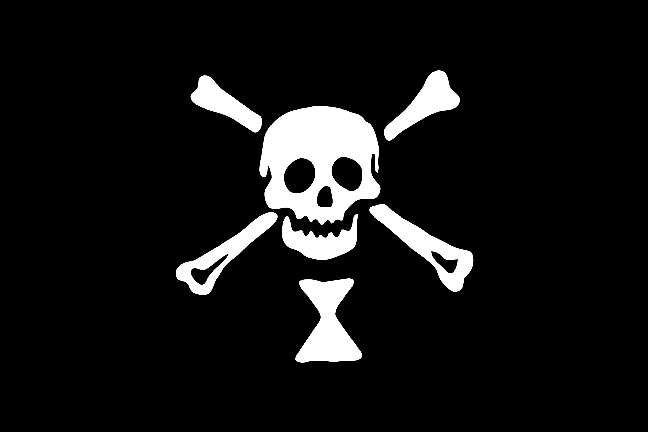 Die Piratenflagge des Emanuel Wynne. Totenkopf mit gekreuzten Knochen über Stundenglas auf schwarzem Grund. Quelle: Wikicommons